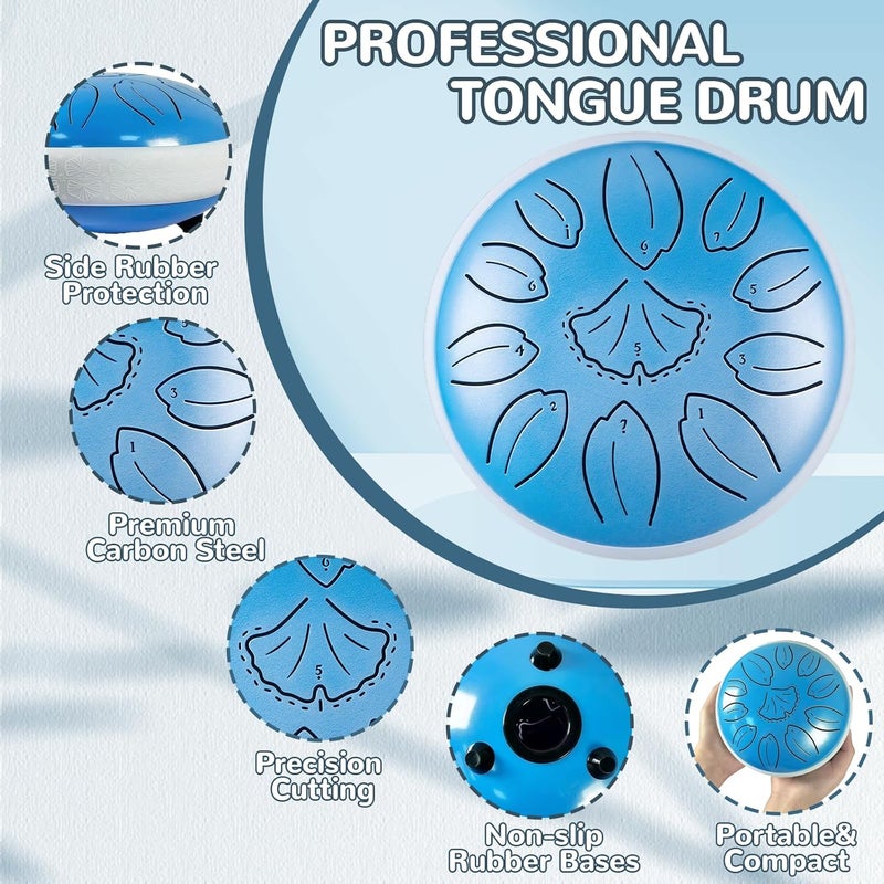 TUOKING Steel Tongue Drum 6 Inch 11 Notes C Key Rain Drum for Adults and Beginners, Handpan Drum Sound Healing Musical Instrument Gift for Meditation, Yoga, Music Lovers(Blue) - Image 5